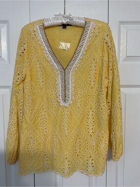 Boston Proper Embroidered Eyelet V-Neck Tunic Top - Yellow